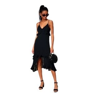 Lulus Sundress Goth Drape Dress‎ Black Spaghetti Straps Slit Tie Midi Ruffles